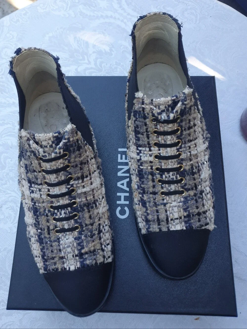 CHANEL Tweed Chelsea Ankle Leather Booties in Beige and Black Size 40 Made ITALY
